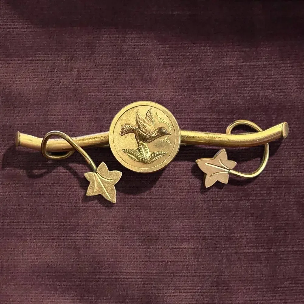 Victorian Bird & Ivy Bar Pin Antique Aesthetic Movement 2.5” Gold Filled Brooch